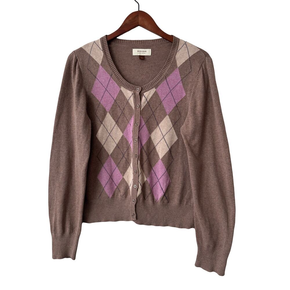 Sonoma 90s Argyle Knit Button Down Cardigan Sz L